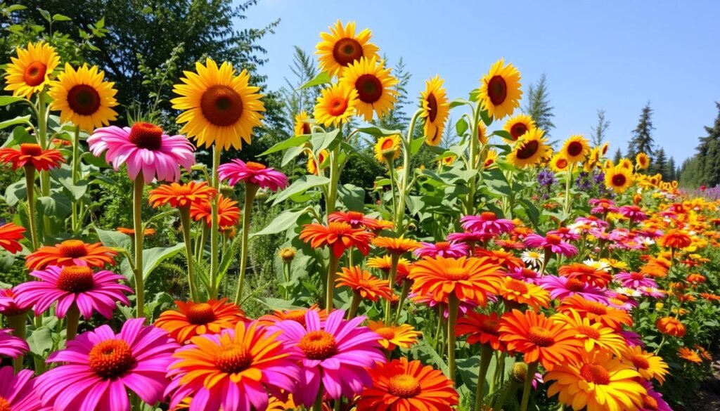 colorful flower garden grown from seeds with zinnias and sunflowers