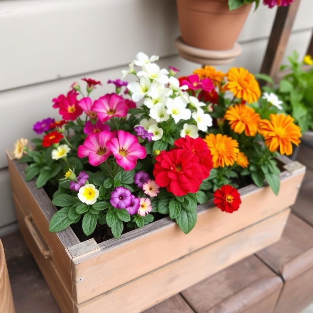colorful flowers planted in vintage wooden crate container