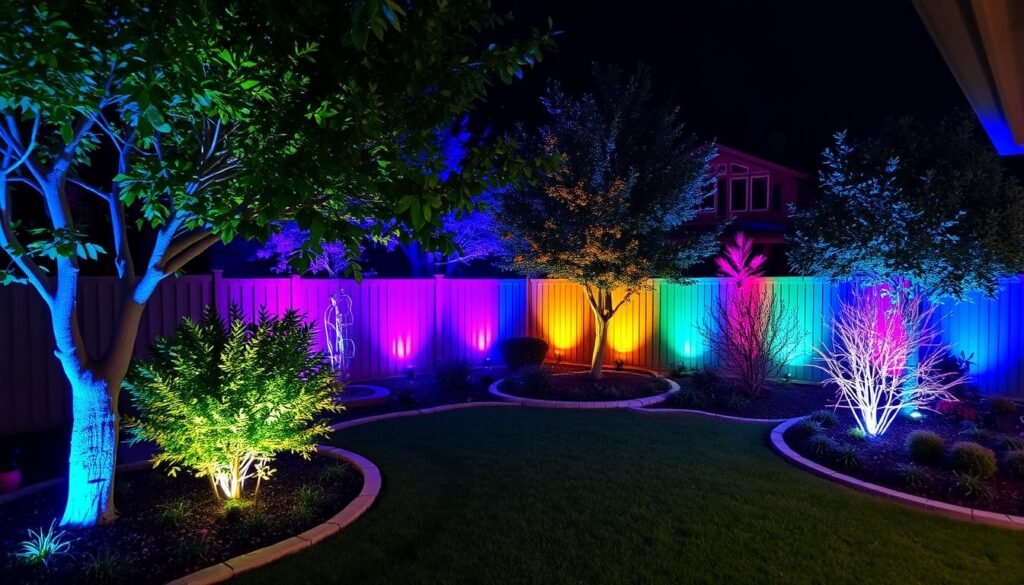 colorful led lights creating rainbow effect in backyard