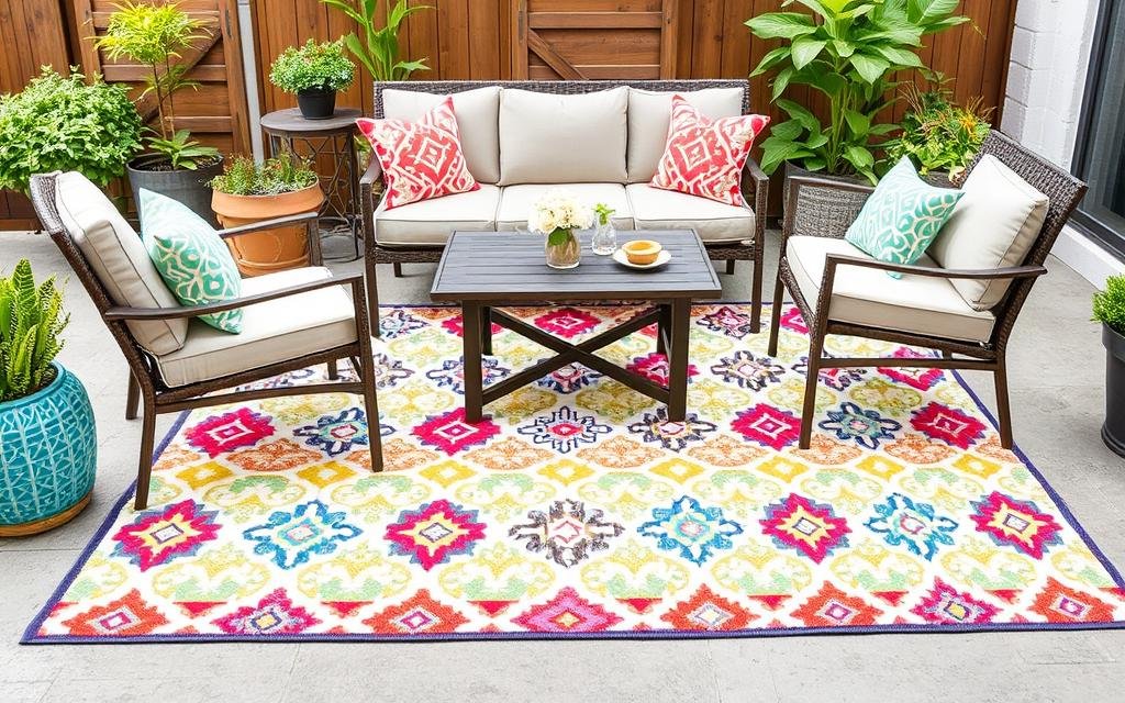colorful outdoor rug anchoring small patio seating area with furniture
