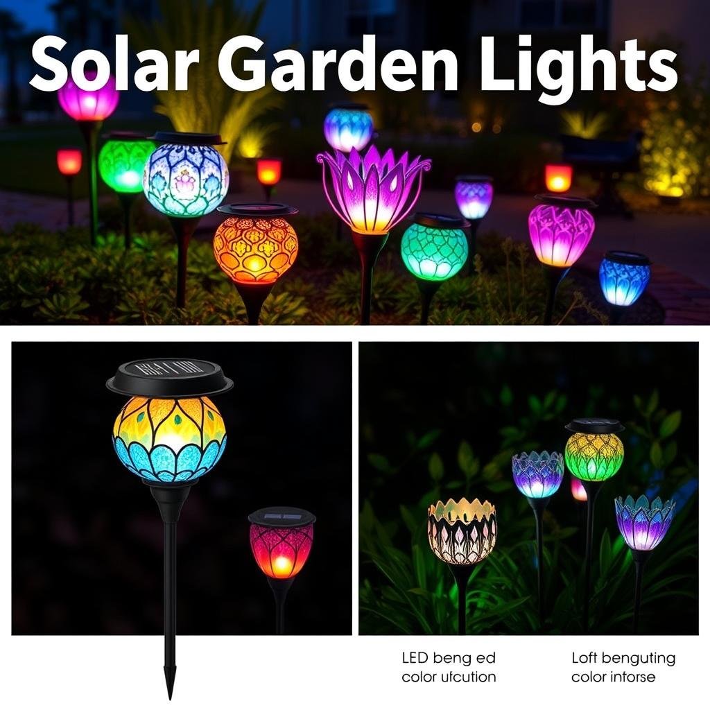 colorful solar garden decorative lights at dusk