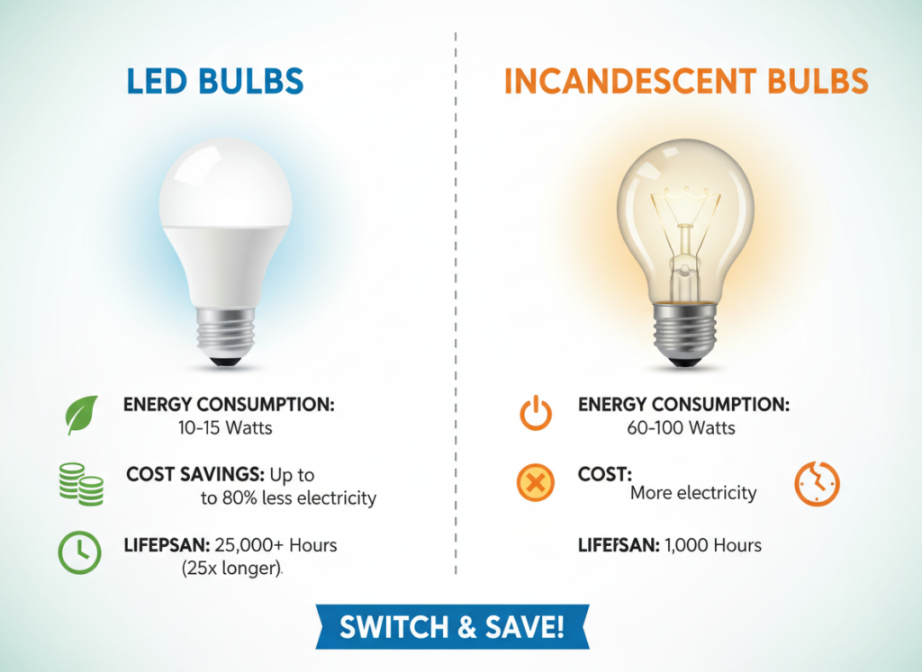 comparison of LED and traditional bulbs showing energy savings comparison of LED and traditional bulbs showing energy savings