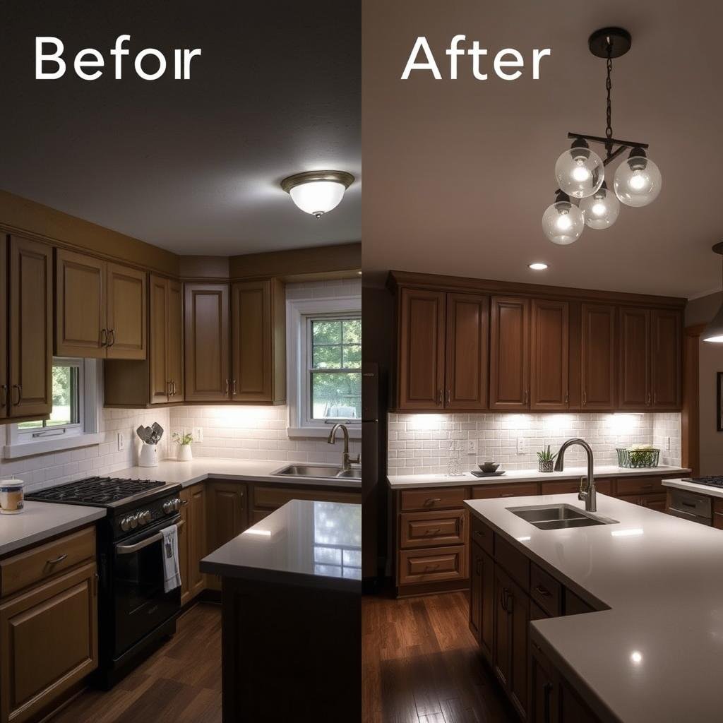 comparison of kitchen before and after lighting upgrade comparison of kitchen before and after lighting upgrade