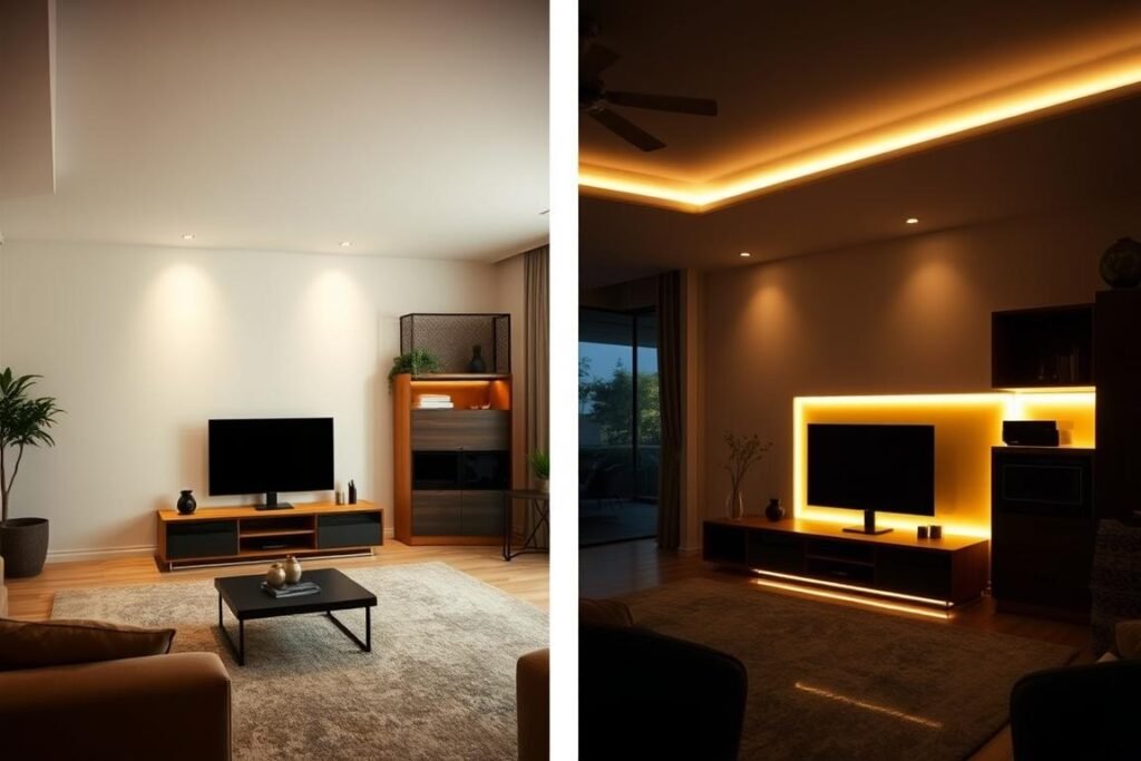 comparison of living room before and after installing LED strip lights showing enhanced ambiance and depth comparison of living room before and after installing LED strip lights showing enhanced ambiance and depth