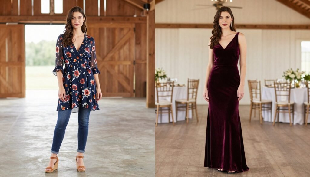 comparison of outfits for barn versus ballroom fall weddings