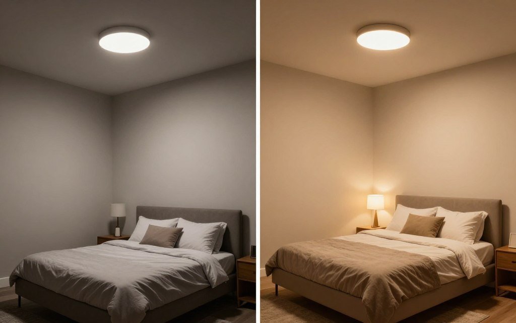 comparison of single overhead versus layered bedroom lighting