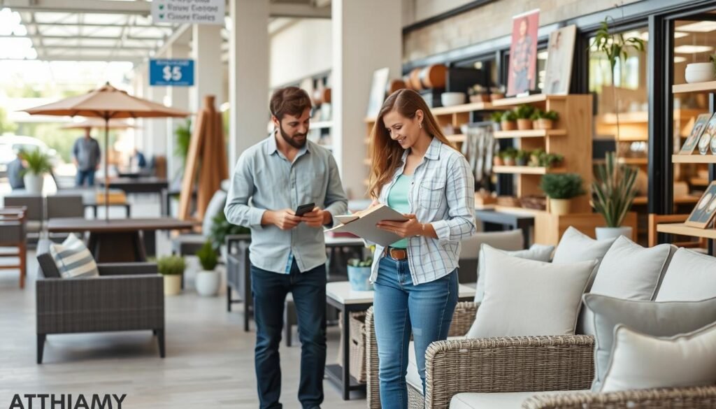 comparison shopping for outdoor furniture showing price tags and quality