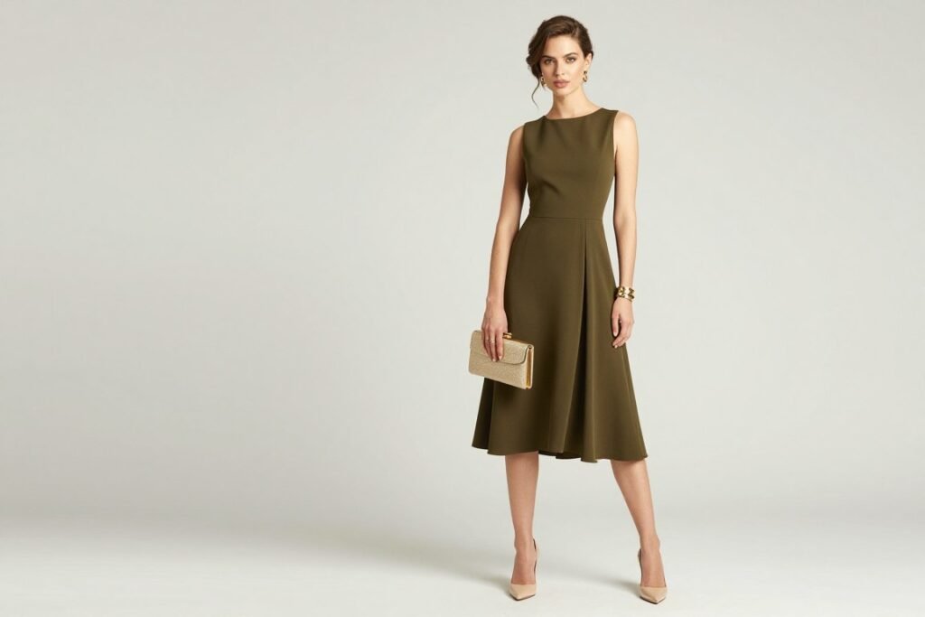 complete fall wedding guest outfit styled with accessories
