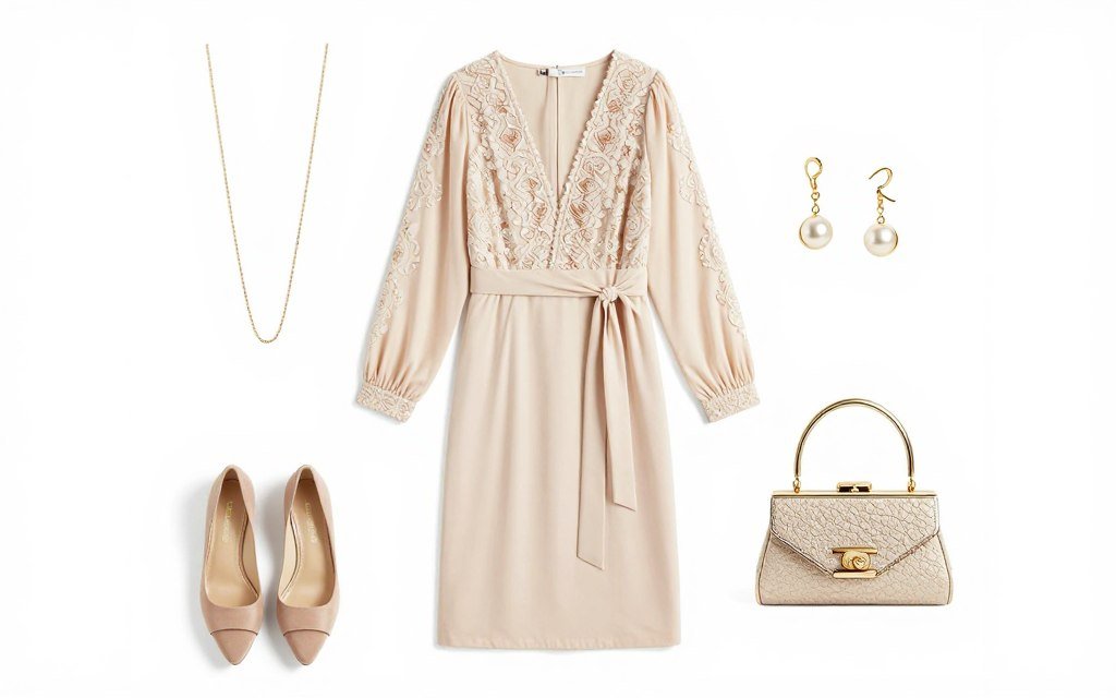 complete wedding guest outfit with dress and accessories