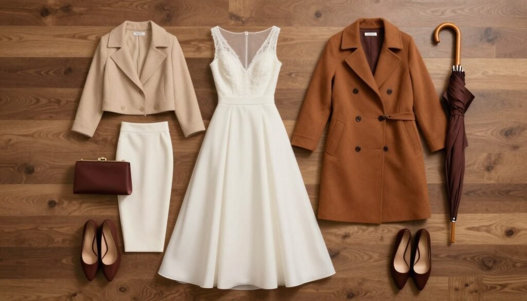 complete wedding guest outfit with weather-appropriate accessories
