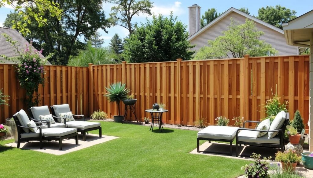 completed DIY budget privacy fence beautiful backyard