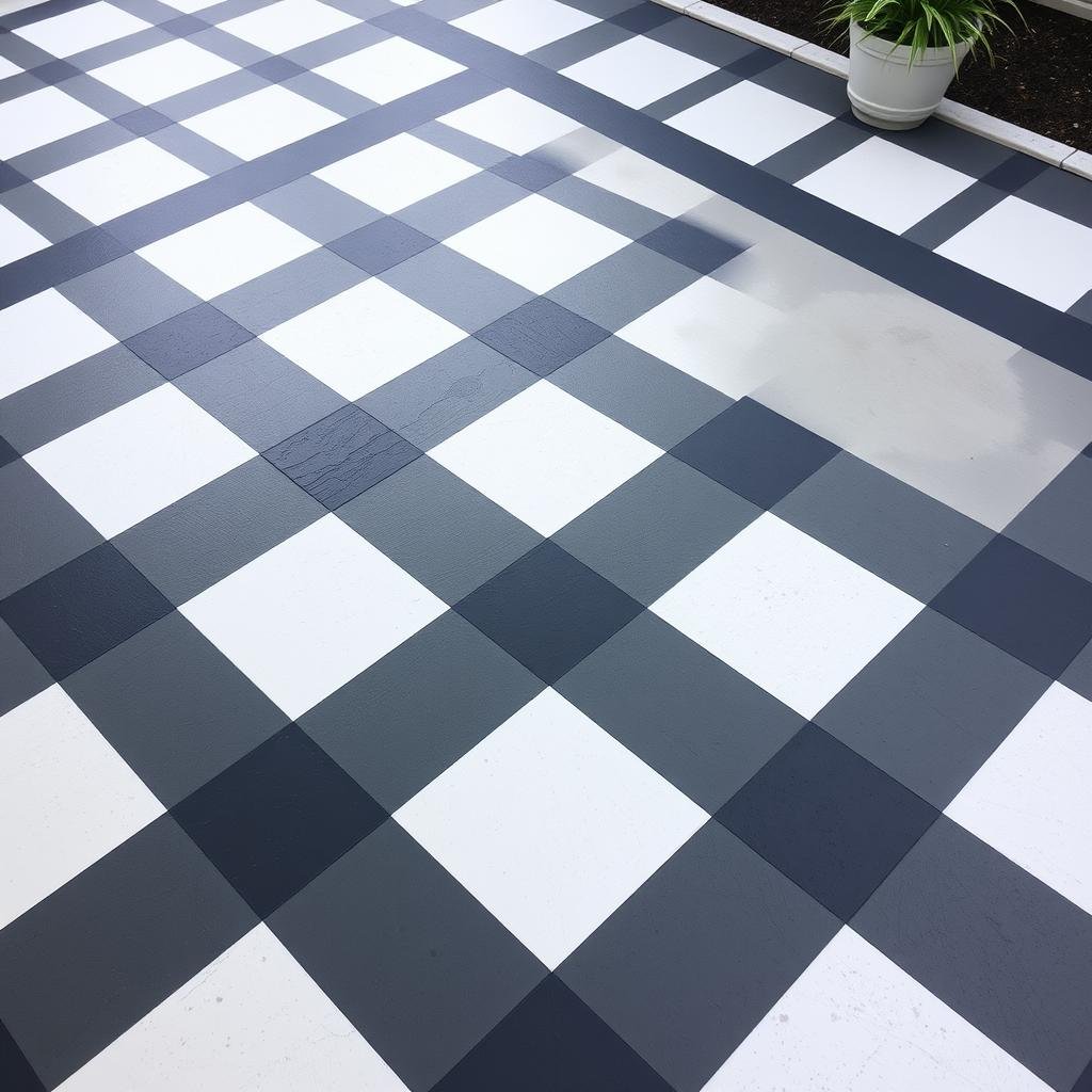 concrete patio floor painted in checkerboard pattern
