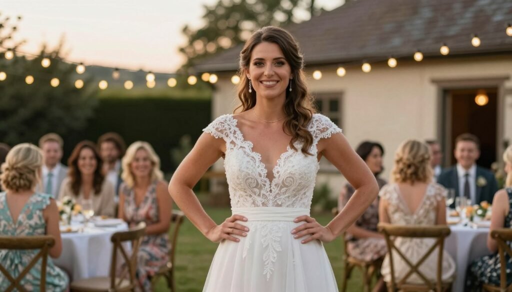 confident wedding guest country setting