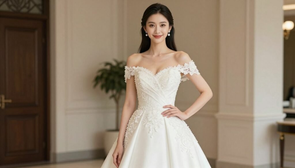 confident woman in formal wedding guest dress