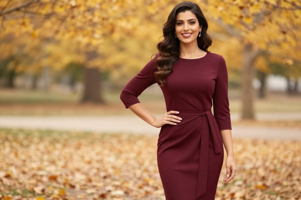 confident woman in perfect september wedding guest dress