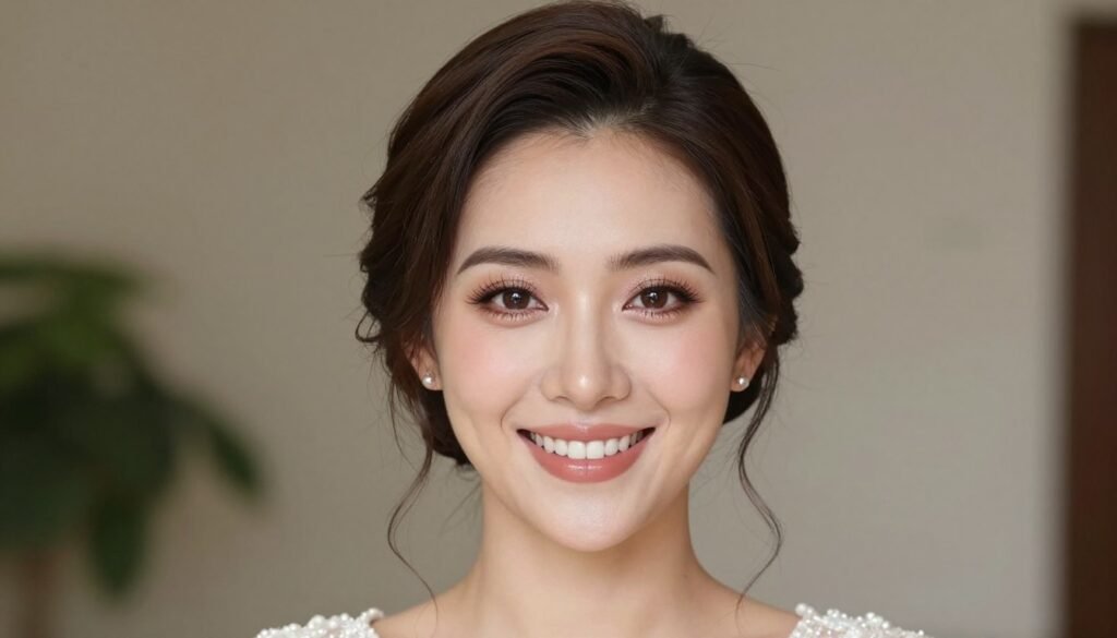 confident woman with beautiful brown eye wedding guest makeup complete look