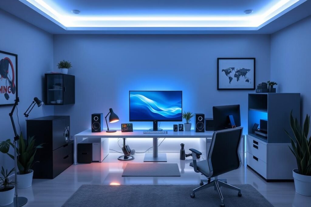 cool blue white ambient lighting in productive home office cool blue white ambient lighting in productive home office