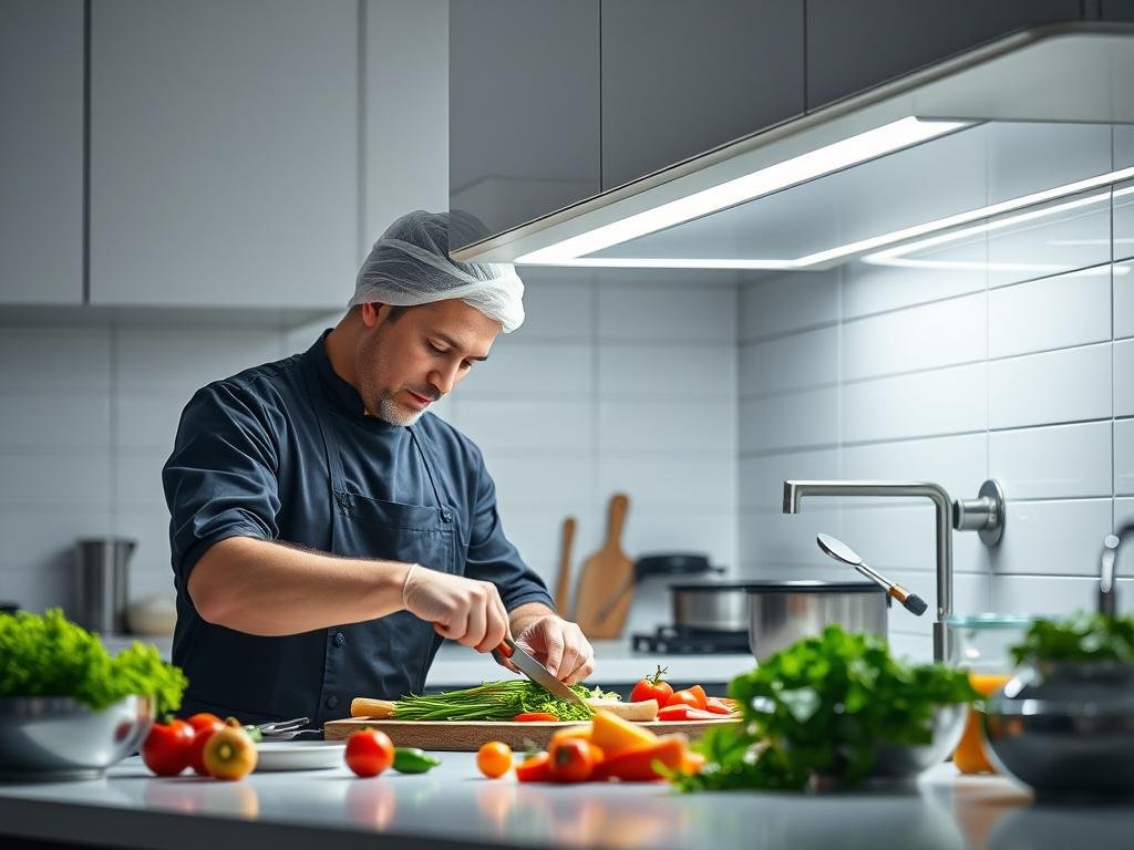 cool white LED lighting for food prep with chef chopping vegetables