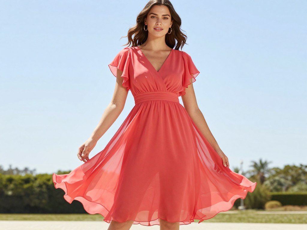 coral chiffon cocktail dress flowing