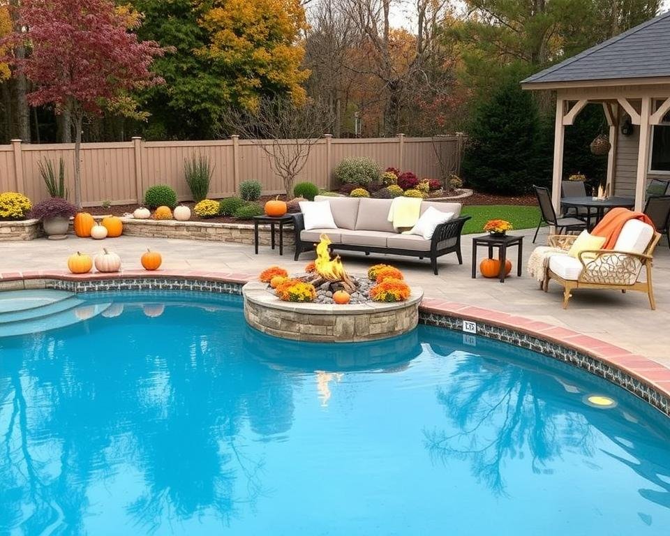 covered pool area in fall with autumn decorations covered pool area in fall with autumn decorations