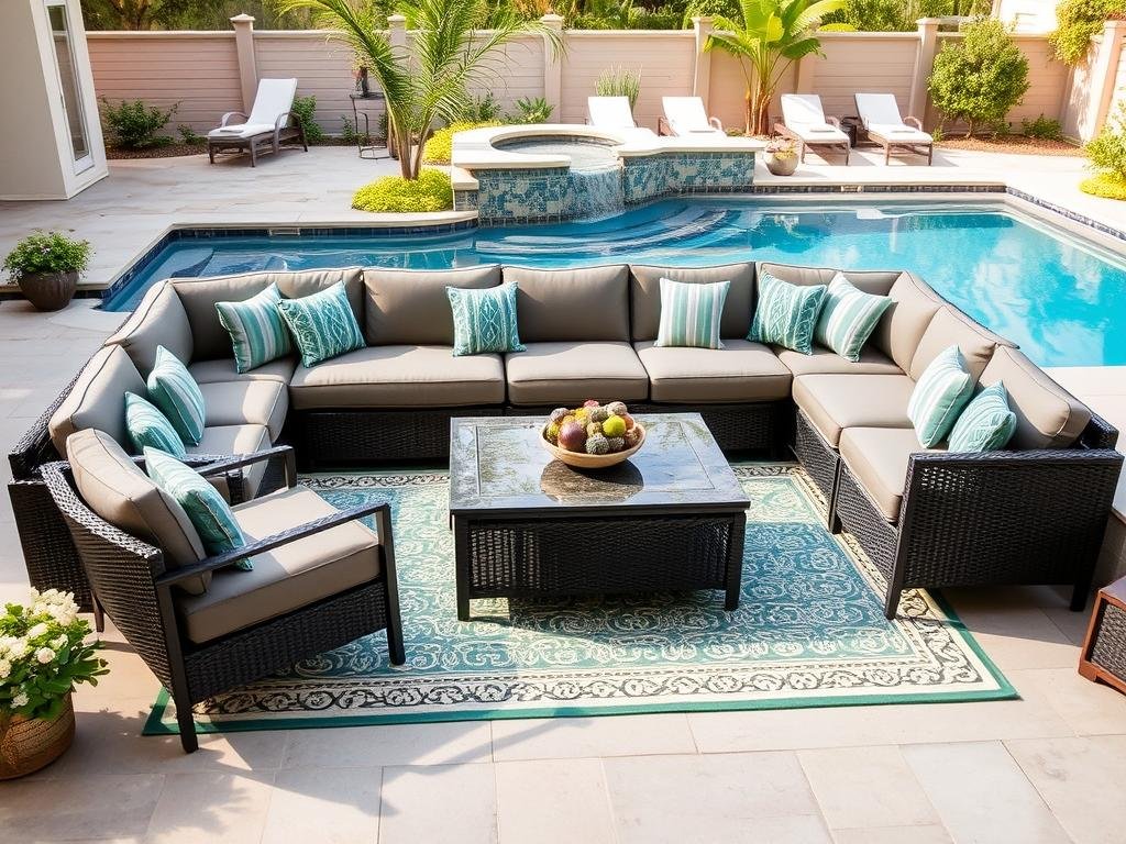 cozy conversation area with sectional near pool cozy conversation area with sectional near pool