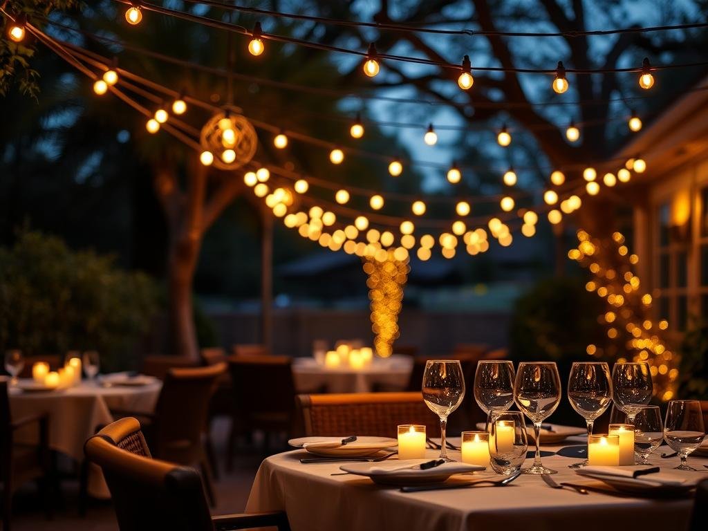 cozy outdoor dining setup at night with layered lighting cozy outdoor dining setup at night with layered lighting