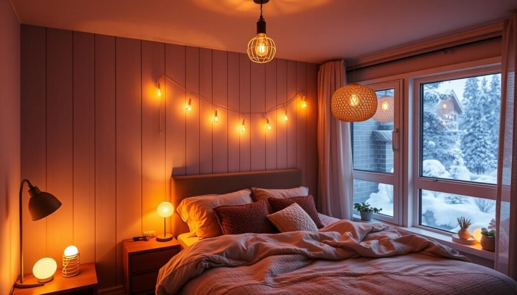 cozy winter bedroom with warm layered lighting