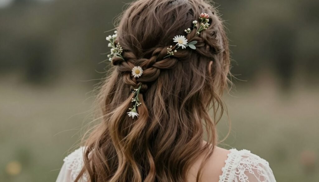 crown braid with soft waves wedding guest hairstyle long hair