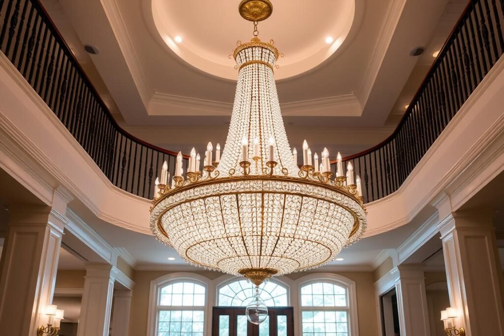 crystal chandelier hanging in elegant two-story hallway creating luxurious ambiance