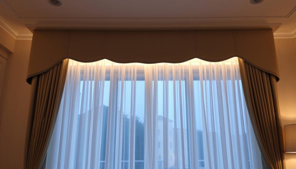curtain valance with concealed LED strip lighting creating elegant window glow curtain valance with concealed LED strip lighting creating elegant window glow