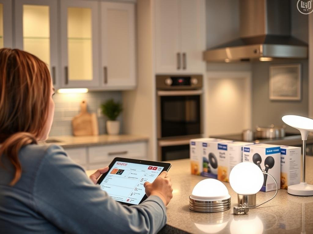 customer reading product reviews on tablet while shopping for cabinet lights