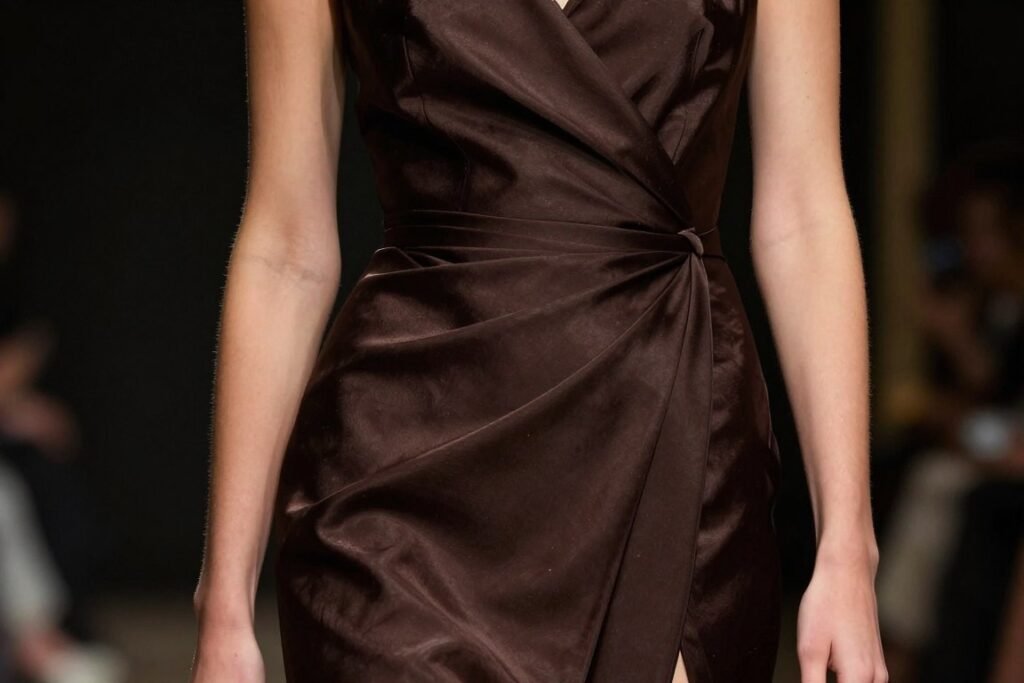 dark chocolate brown elegant wedding guest dress