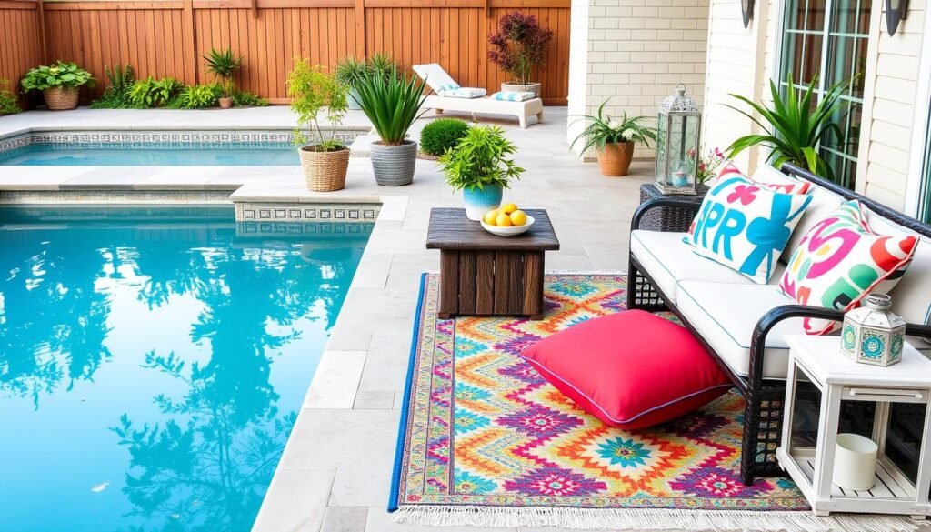 decorated pool area with outdoor rugs and throw pillows decorated pool area with outdoor rugs and throw pillows