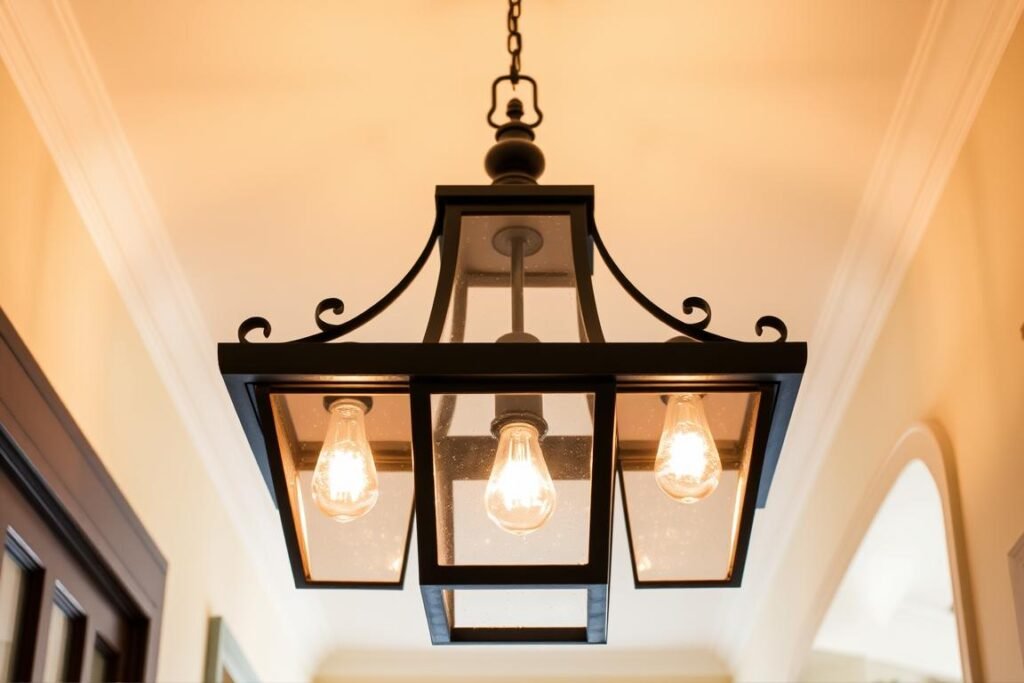 decorative lantern-style light fixture hanging in traditional hallway