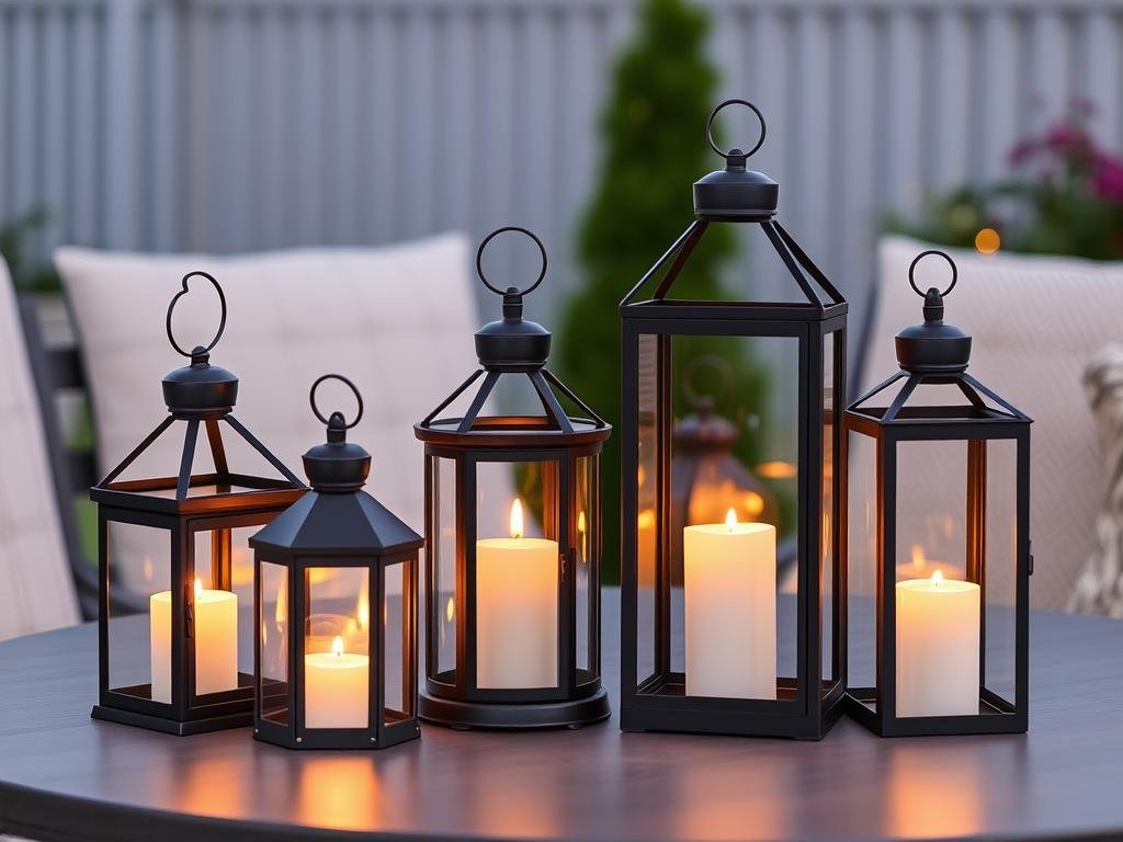 decorative lanterns and candles creating ambiance on patio table