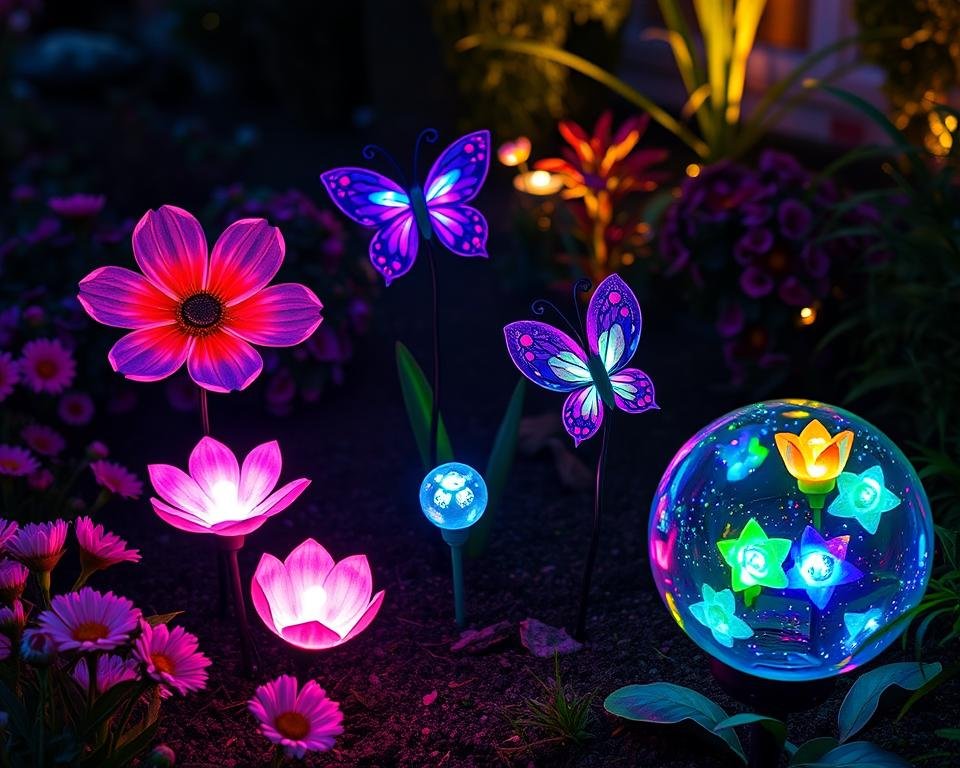 decorative solar garden lights among flowers and plants