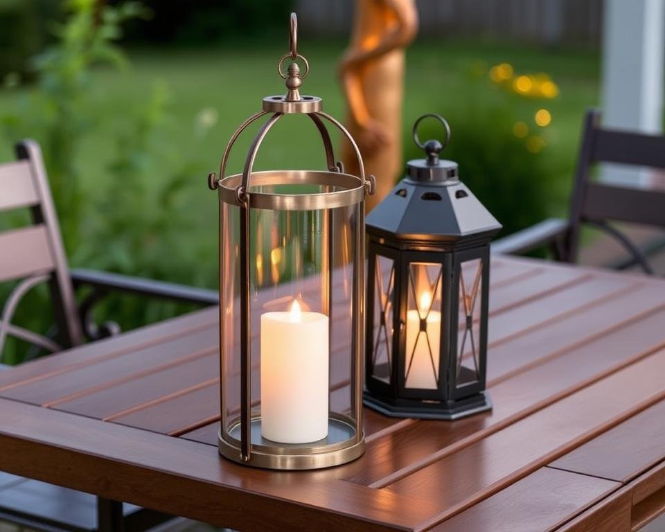 decorative solar lanterns on outdoor table