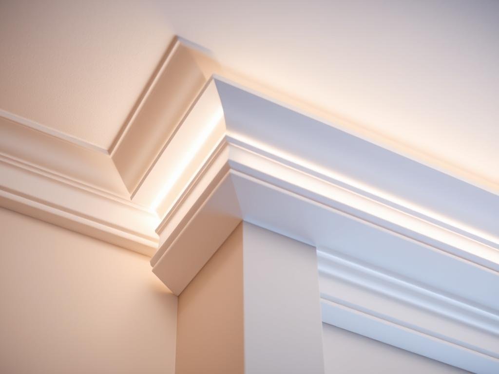 detailed view of LED strip installation in crown molding showing proper placement angle detailed view of LED strip installation in crown molding showing proper placement angle