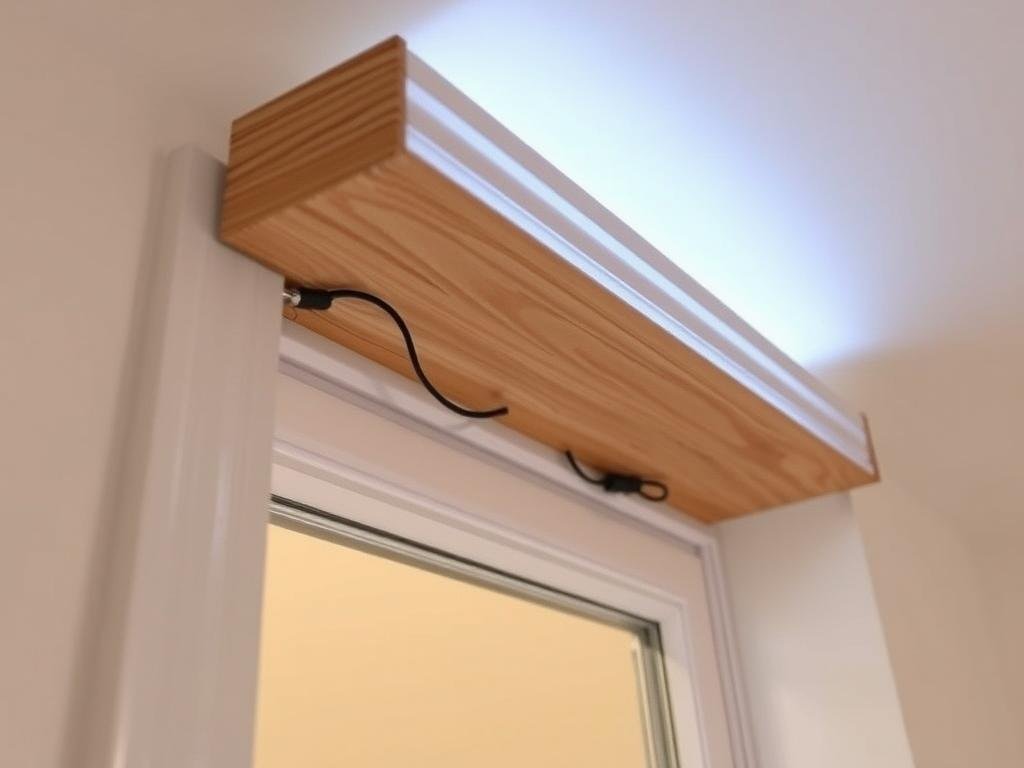 detailed view of LED strip installation inside window valance showing mounting method detailed view of LED strip installation inside window valance showing mounting method