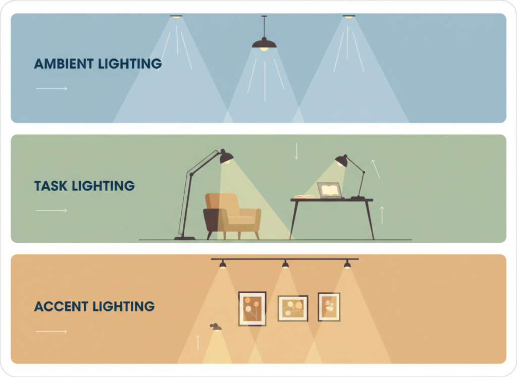diagram showing three layers of living room lighting with ambient, task, and accent lighting diagram showing three layers of living room lighting with ambient, task, and accent lighting