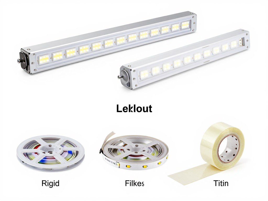 different types of LED strip lights showing rigid bar, flexible strip, and tape varieties