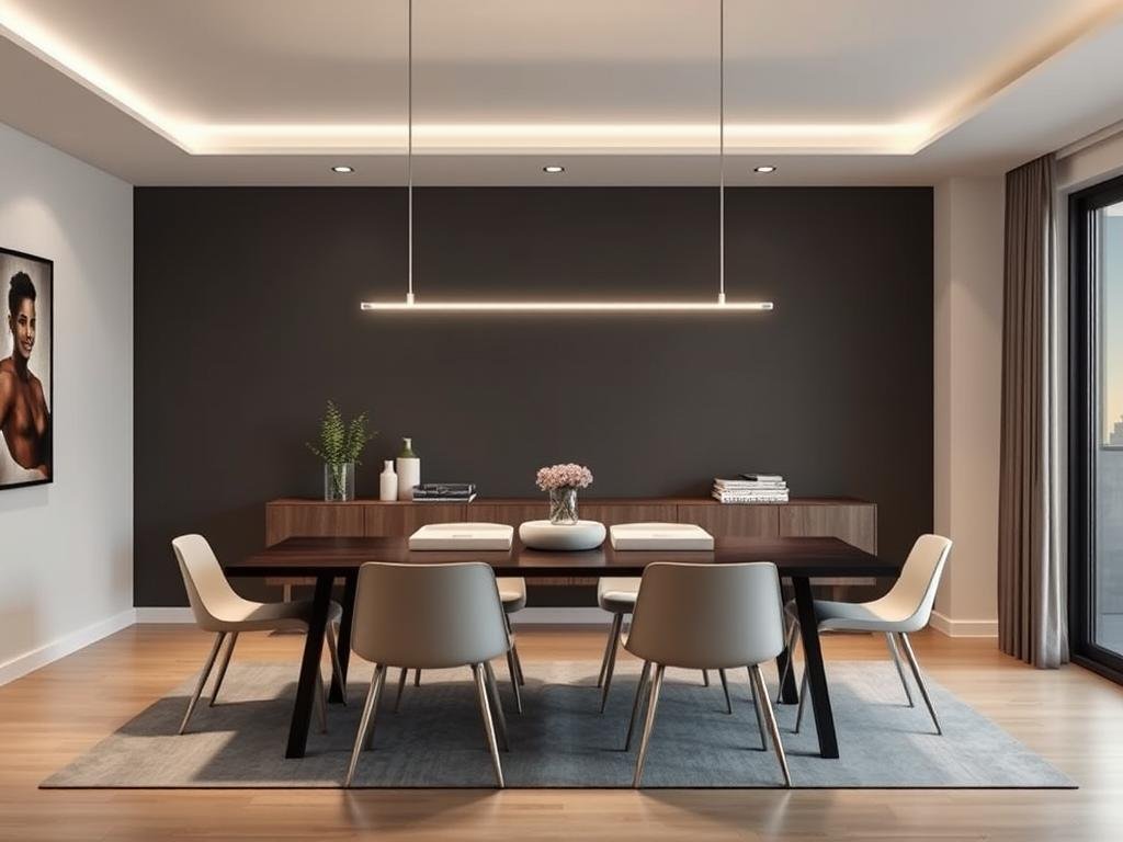 dining room with linear suspension ceiling light over table dining room with linear suspension ceiling light over table