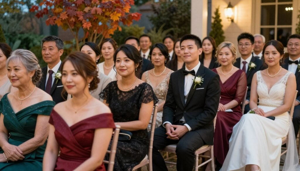 diverse group of wedding guests in november attire