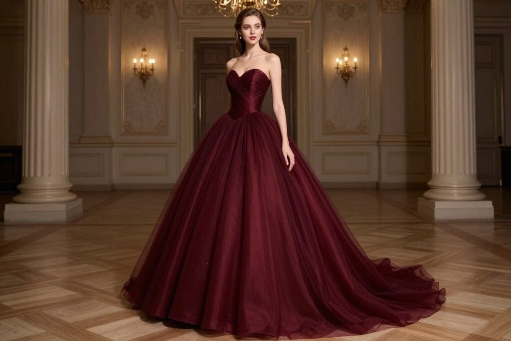 dramatic ball gown in deep burgundy