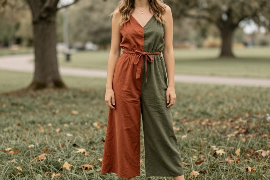 earth tone jumpsuit for barn wedding