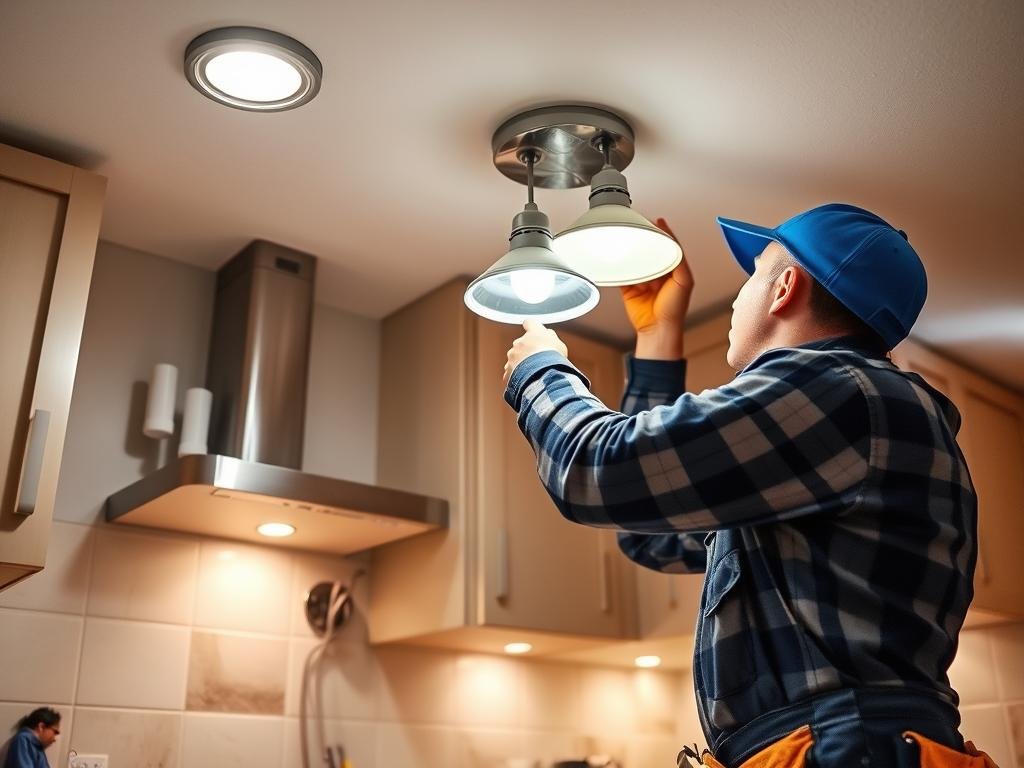 electrician installing kitchen lighting fixtures