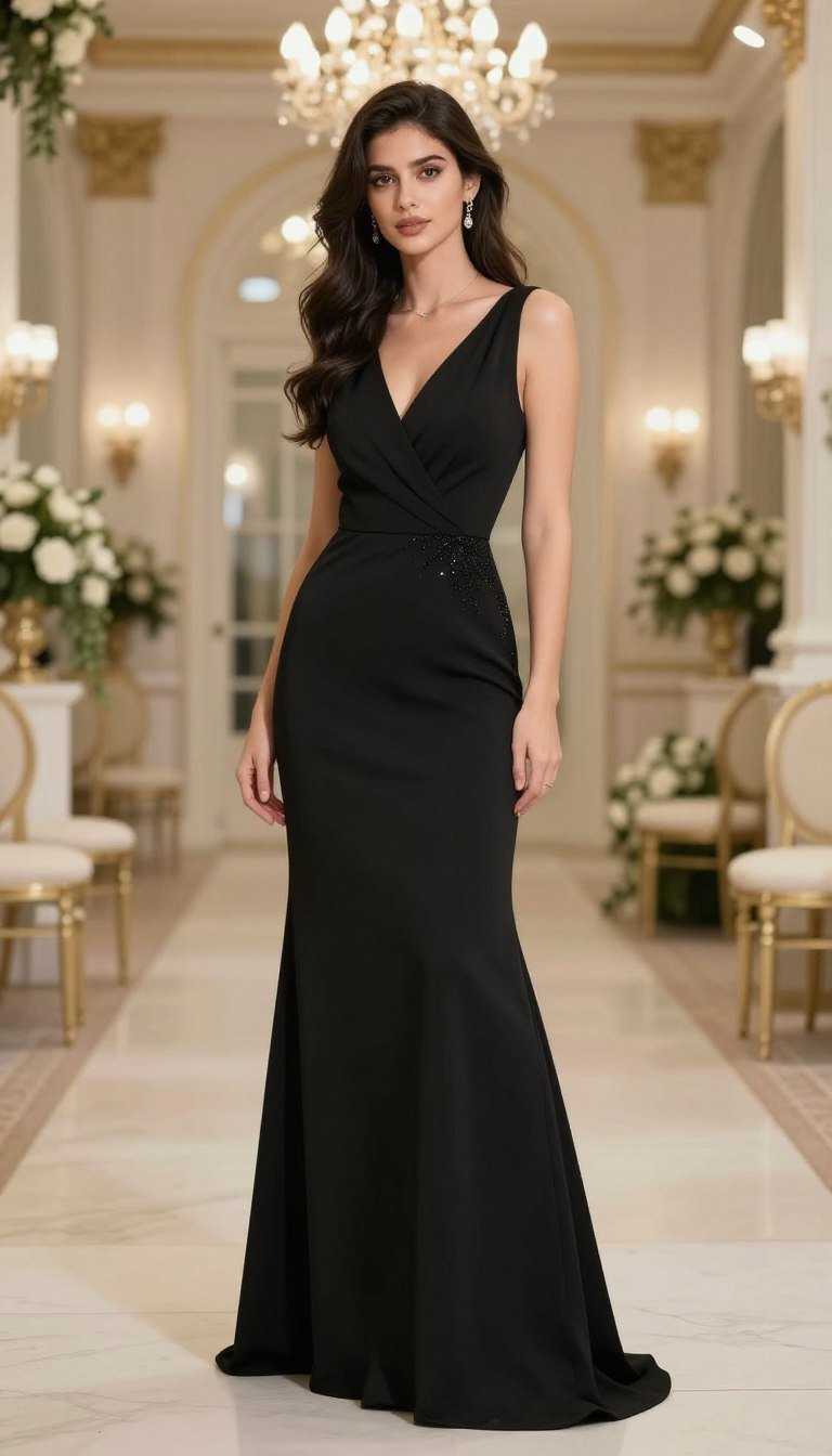 elegant black tie wedding guest outfit featuring floor-length maxi dress