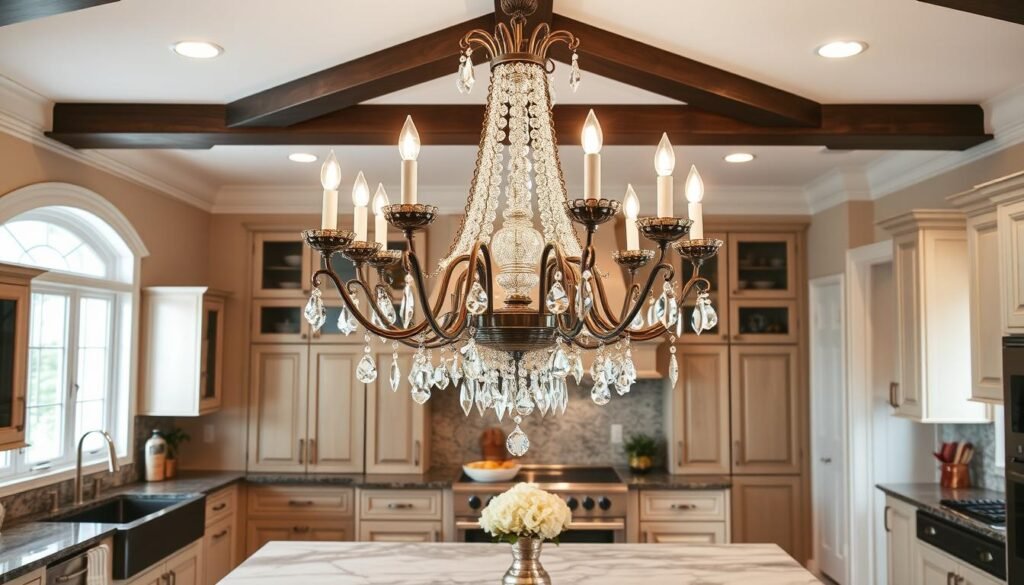 elegant chandelier in traditional kitchen over island elegant chandelier in traditional kitchen over island