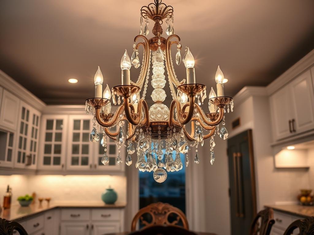 elegant chandelier over kitchen dining table
