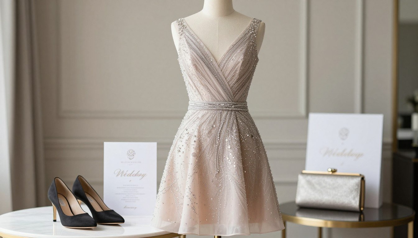 elegant cocktail attire wedding guest outfit display